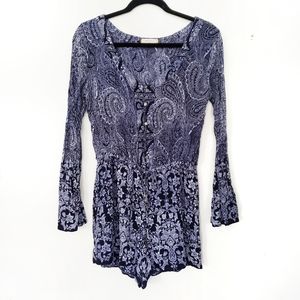 Altar'd State Blue Boho Paisley Floral V-Neck Bell Sleeve Romper